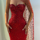 Sexy Red Sheath Strapless Beaded Tulle Prom Dress SH4567