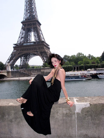Sexy Black A Line Halter Rhinestone Satin Long Prom Dress Evening Dress SH4340