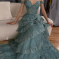 Blue A Line Off the Shoulder Appliques Tiered Petal Tulle Prom Dress Evening Dress SH1901
