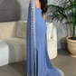 Sparkly  Blue Evening Dresses Cape Long Mermaid Prom Dress Formal Evening Dress Wedding Dress SH945