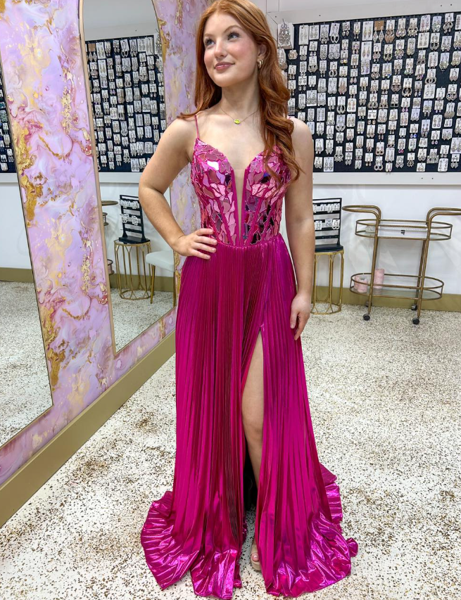 Hot Pink A Line Spaghetti Strap Beaded Satin Long Prom Dress Evening Dress with Slit SH6807
