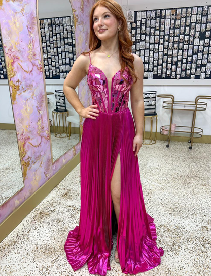 Hot Pink A Line Spaghetti Strap Beaded Satin Long Prom Dress Evening Dress with Slit SH6807