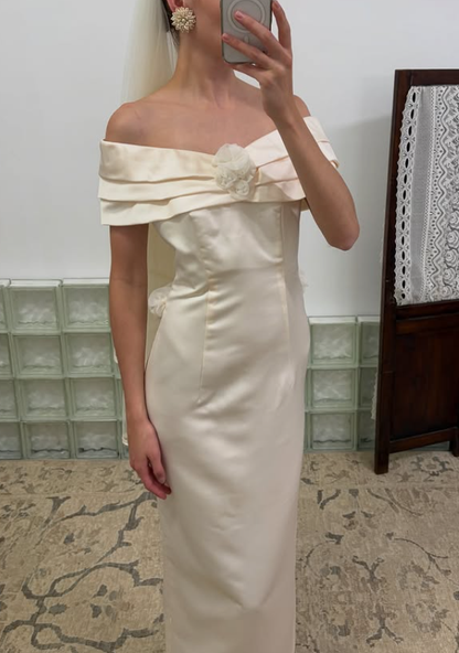 Light Apricot Vintage Sheath Off the Shoulder Satin Wedding Dress SH6179