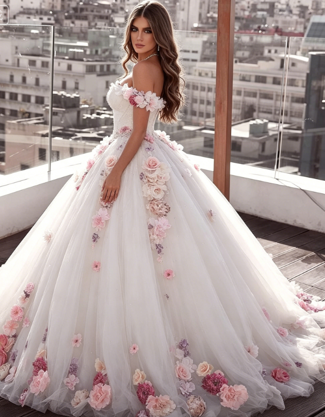 Off Shoulder Tulle Ball Gown Wedding Dresses Floral Flowers Beaded P5461