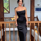 Charming Sheath Strapless Black Satin Long Prom Dress Evening Dress SH2049