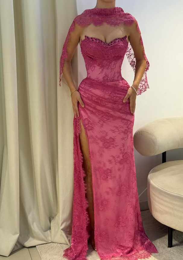 Pink A Line Sweetheart Neck Beaded Lace Prom Dress Evening Dress with Slit SH4438