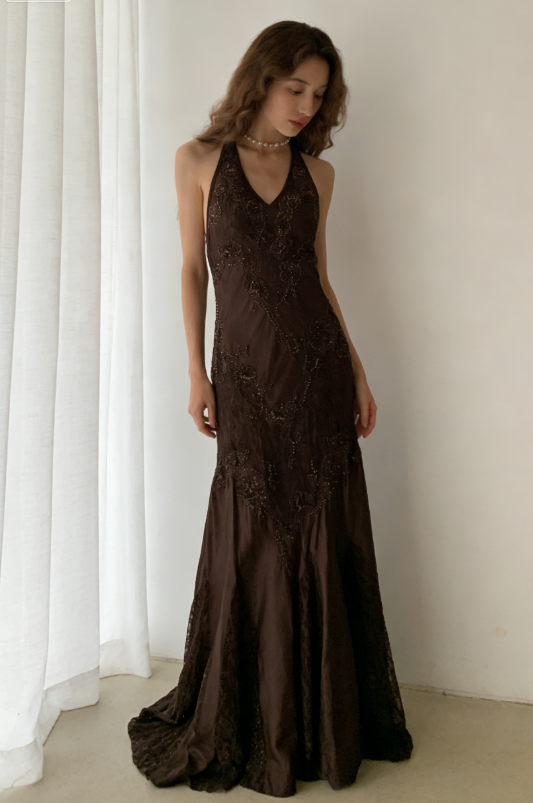Vintage Mermaid Sleeveless Halter Brown Long Prom Dress SH1378