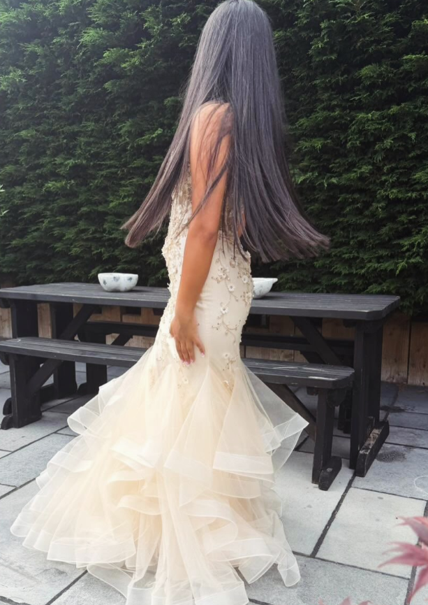 Appricot Mermaid Sweetheart Neck Corset Appliques Sequin Tulle Prom Dress Birthday Dress SH9027