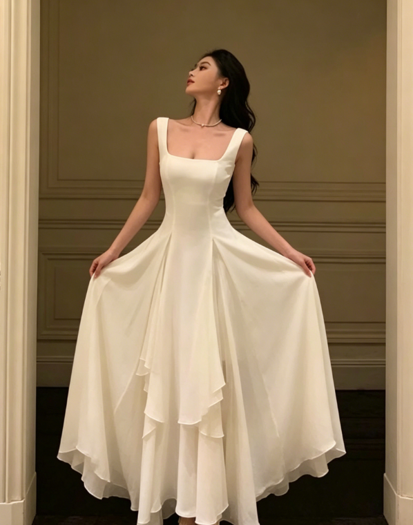 White Elegant Irregular Hem Long Prom Dress  SH761