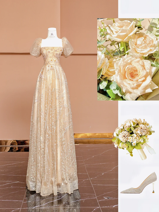 Pretty A Line Puff Beaded Sequin Champagne Tulle Long Prom Dress Party Dress SH4365
