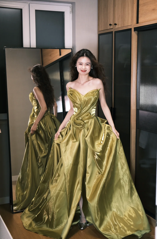 Olive Green A Line Sweetheart Neck Pleated Satin Long Prom Dress Formal Gown SH4181