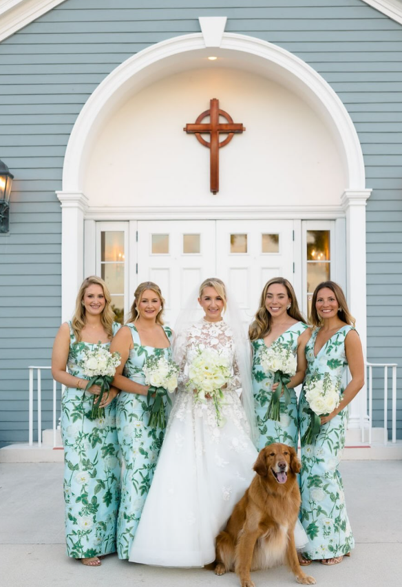 Green Print Floral Sheath V Neck Satin Long Bridesmaid Dress SH6306