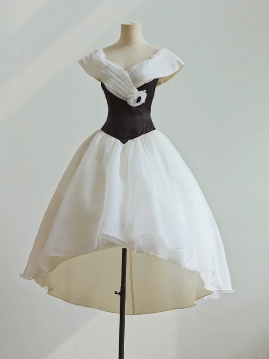 Retro Classic White Black Ball Gown Satin Organza Long Prom Dress Party Dress SH3880