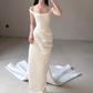 High-class Sheath Strap White Satin Long Train Wedding Dress SH7721