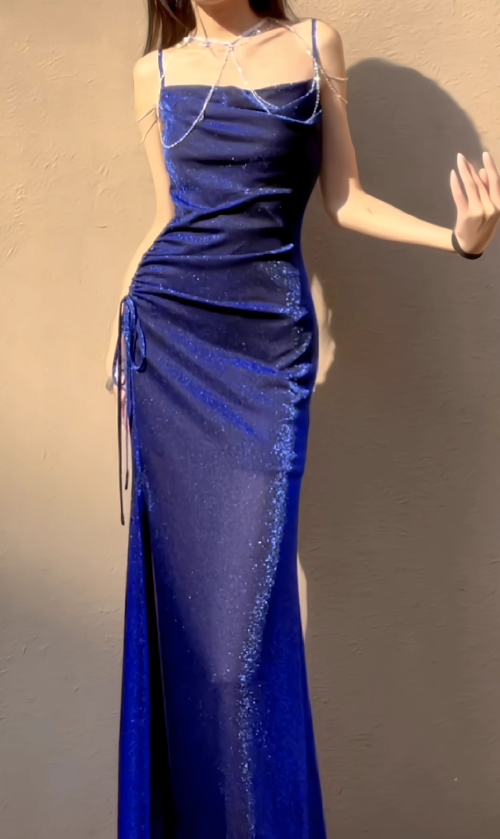 Royal Blue Stunning Sheath Spaghetti Strap Tulle Prom Dress Evening Dress SH4081