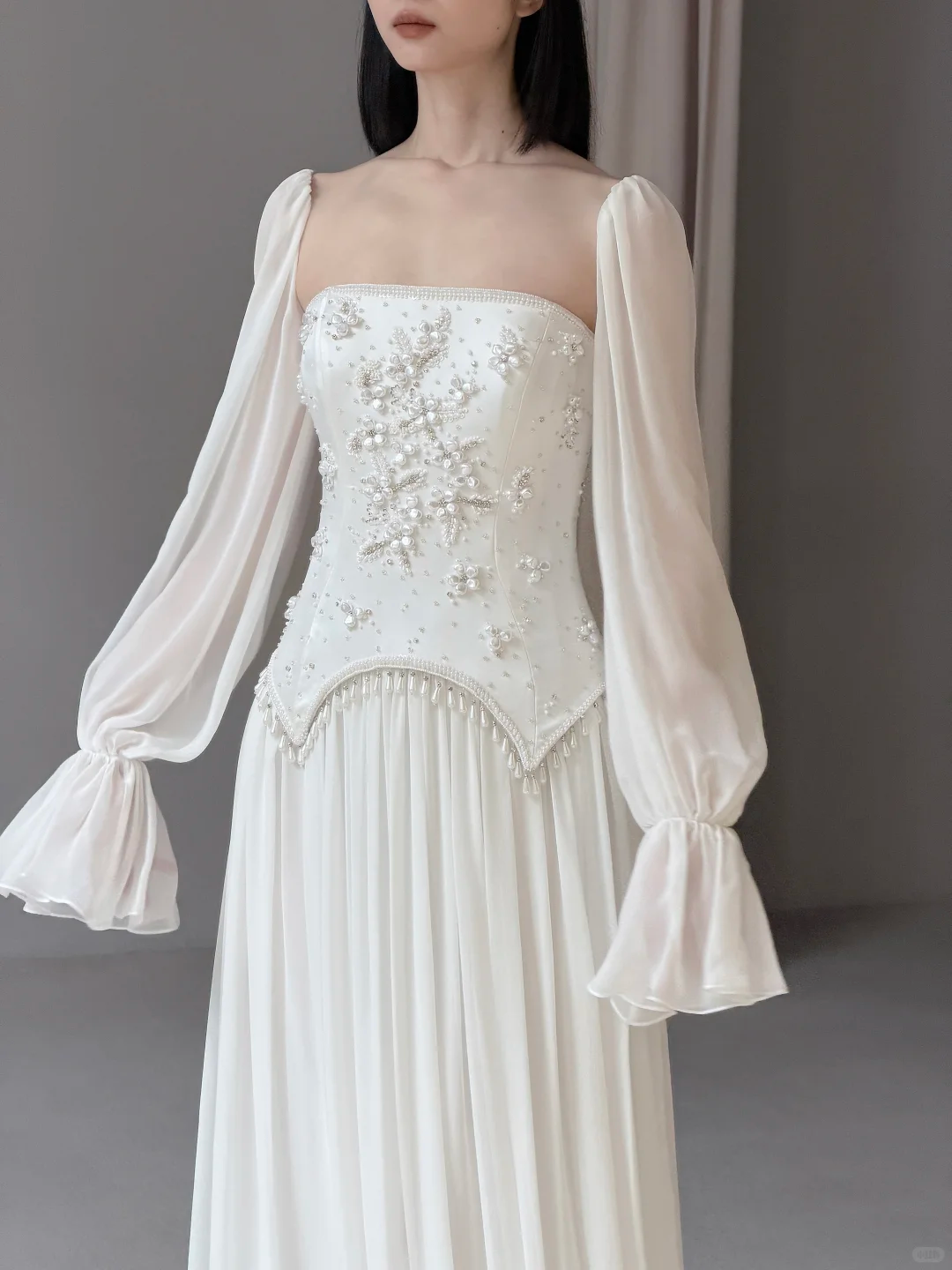 2026 New A Line Long Sleeve Beaded Chiffon Satin Long Wedding Dress SH7710