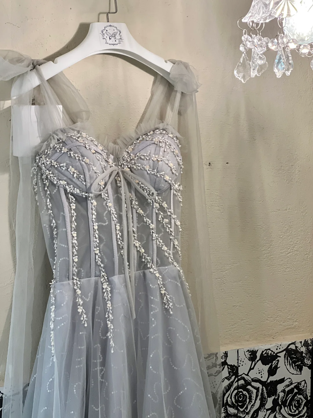 Grey A Line Spaghetti Strap Beaded Corset Tulle Prom Dress Evening Dress SH3860