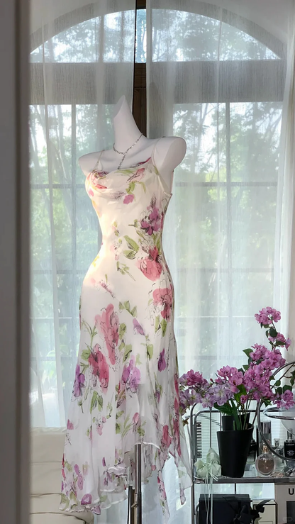 Pink Print Floral Mermaid Chiffon Date Dress Evening Dress Wedding Guest Dress SH3434