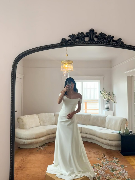Princess Ball Gown Off the Shoulder Tulle Satin Long Wedding Dress SH4147