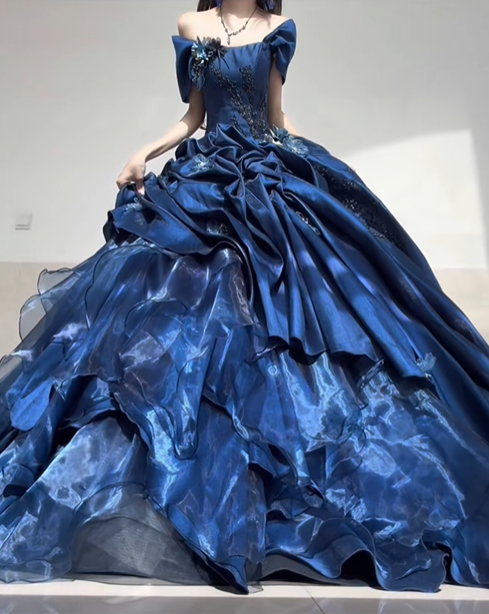Dark Blue Ball Gown Off the Shoulder Beaded Organza Satin Graduation Ball Gown 18th Birthday Dress SH4986