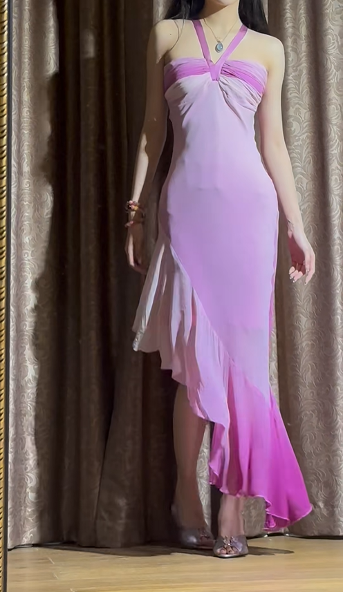 Simple Vintage Purple Ombre Mermaid Halter Chiffon Prom Dress SH5214