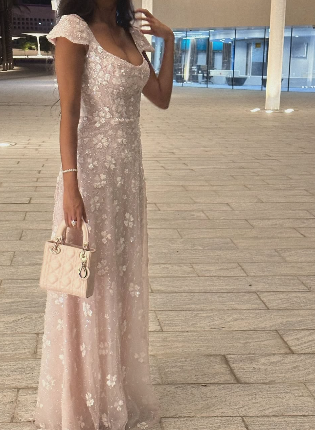 Light Pink A Line Exquisite Beaded Floral Tulle Prom Dress Wedding Guest Dress SH4724