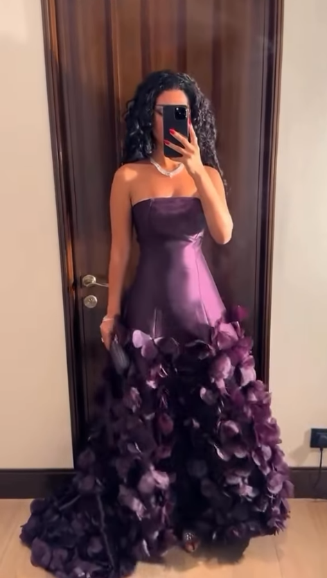 Elegant A Line Strapless Floral Purple Satin Prom Dress Evening Dress SH4692