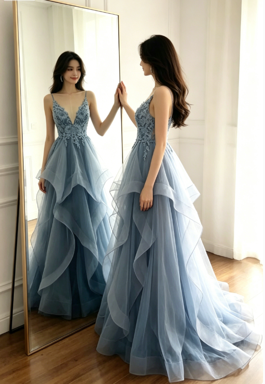 Elegant A Line Straps Blue Lace Layered Tulle Prom Dress Graduation Prom Dress P01330