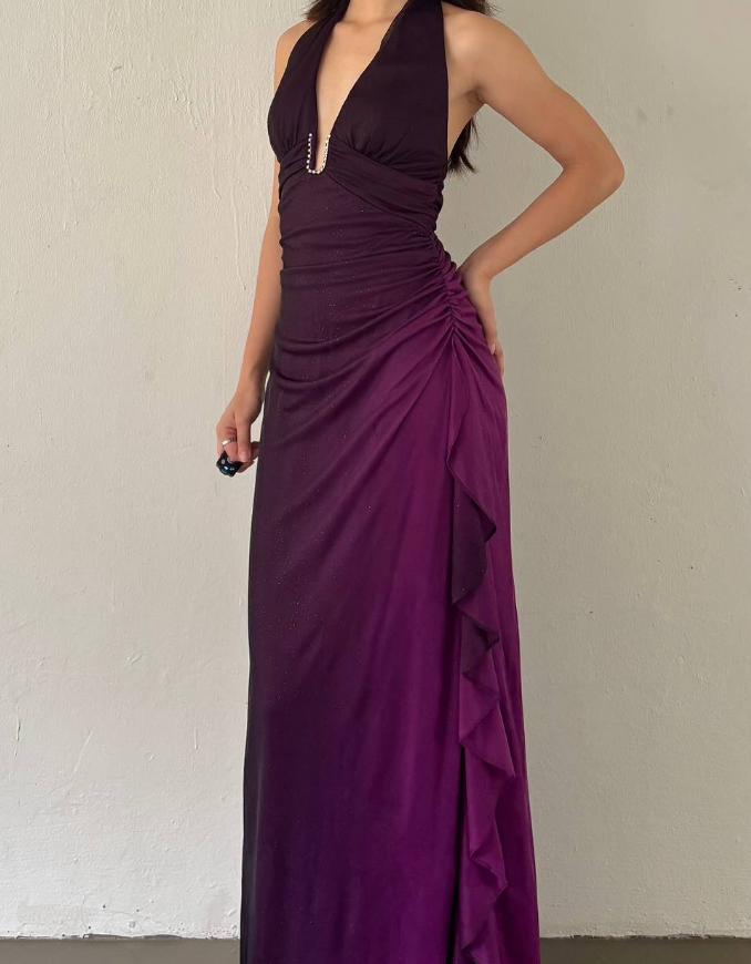 Sexy Sheath Halter Purple Ombre Chiffon Open Back Long Prom Dress Evening Dress SH2609