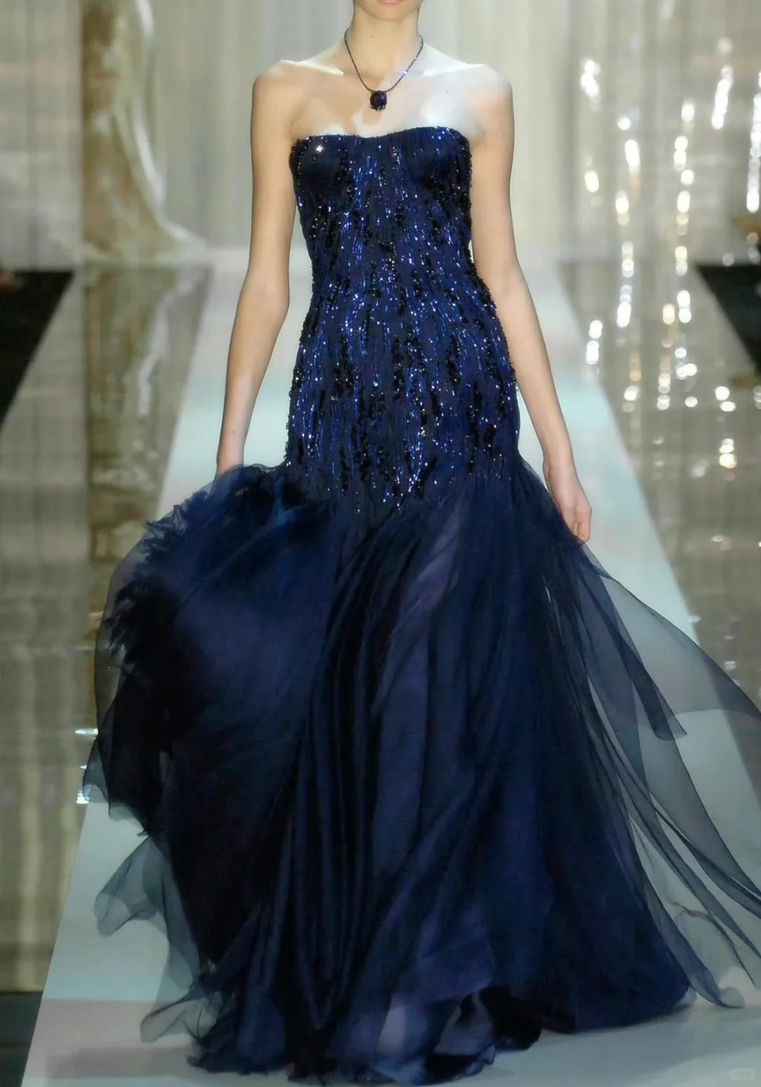 Vinatge Navy Blue Mermaid Strapless Sequin Shiny Tulle Long Prom Dress SH4970