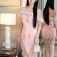 Classic Sheath Off the Shoulder Pink Lace Long Prom Dress Evening Dress SH4670