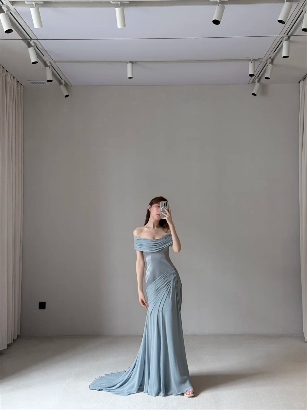 Unique Blue Mermaid Off the Shoulder Chiffon Satin Long Prom Dress Evening Dress SH7703