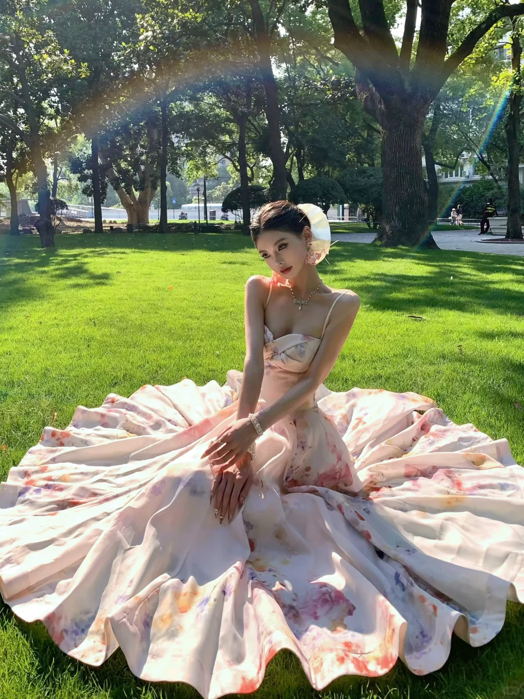 Gentle Pink A Line Spaghetti Strap Print Floral Satin Prom Dress Party Dresses SH4599