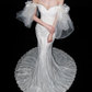 Luxurious Mermaid Off the Shoulder White Beaded Lace Tulle Long Wedding Dress SH5966