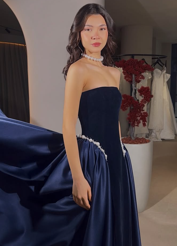 Classy A Line Strapless Pearl Dark Burgundy Velvet Satin Party Dress Wedding Guest Dress SH2923