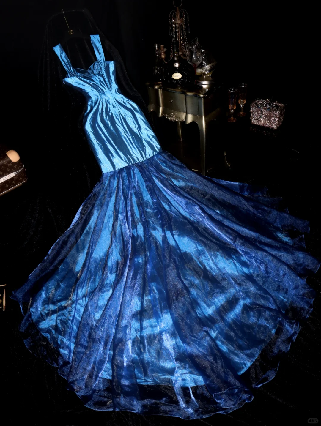 Charming Blue Mermaid Strap Organza Satin Party Dress Evening Dress SH3229