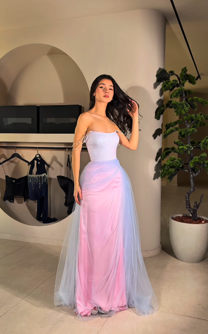 Fairy Pink-blue Ombre A Line Exquisite Beaded Tulle Long Prom Dress Evening Dress SH6748