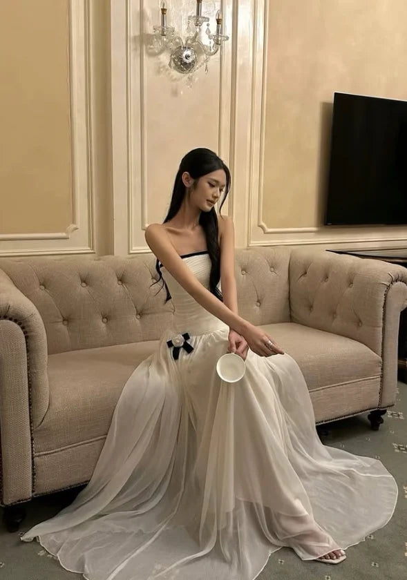 New A Line Spaghetti Strap White Tulle Long Prom Dress Evening Dress SH8775