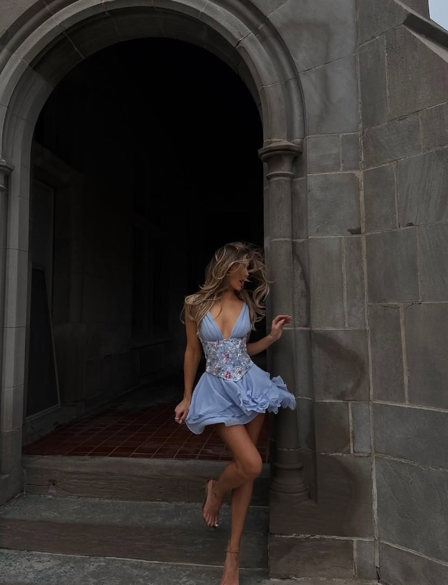 Gentle A Line V Neck Embroidery Satin Layered Blue Chiffon Homecoming Dress Birthday Dress SH4168