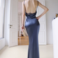Simple Navy Blue Mermaid Spaghetti Strap Satin Open Back Long Evening Dress Gown Dress SH3583