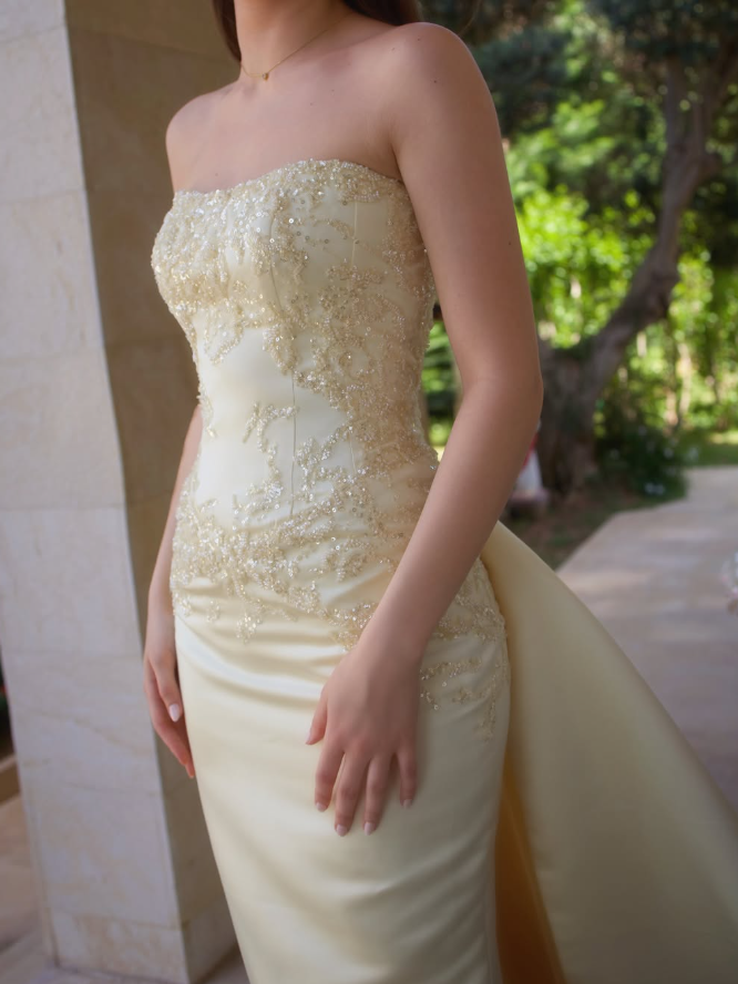 Stunning Yellow Sheath Strapless Beaded Satin Prom Dress Evening Dress SH6529