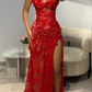 Baby Red Sheath V Neck Beaded 3D Floral Lace Prom Dress Evening Dress SH4544