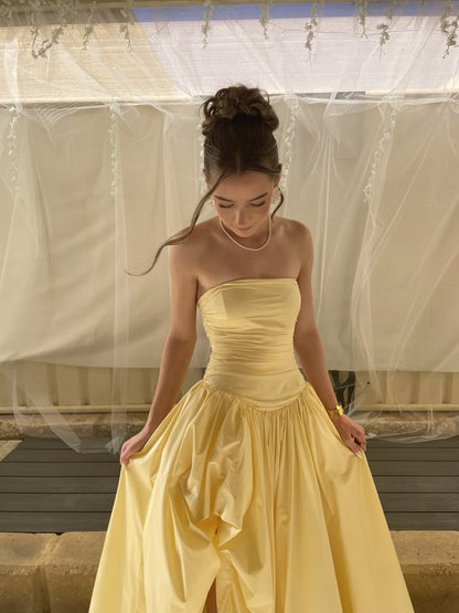 Sweety Yellow A Line Strapless Satin Prom Dress Evening Dress with Slit SH9001