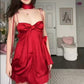 Red A Line Spaghetti Strap Bow Satin Backless Short Homecoming Dress Cocktail Dress SH3219