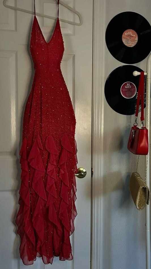 Red Exquisite Beaded Ruffle Flowy Chiffon Formal Party Dress Prom Dress Date Dress SH3532