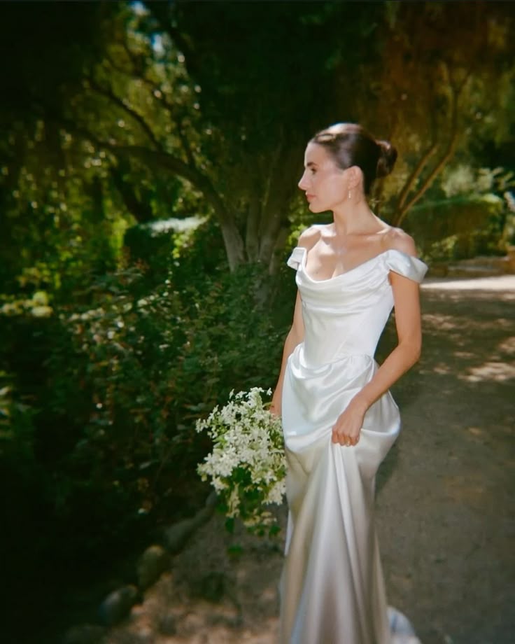 Elegant A Line Off the Shoulder Pleated White Satin Long Prom Dress Wedding Dress SH7262