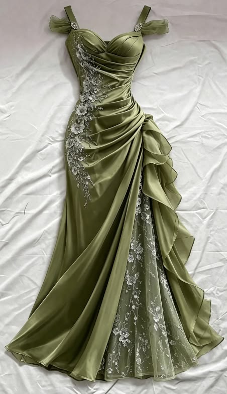 Olive Green 3D Floral Mermaid Beaded Tulle Satin Prom Dress Evening Dress SH6456