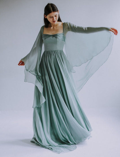 Muted Green A Line Long Sleeve Chiffon Prom Dress Party Dress SH4297 Muted Green A Line Long Sleeve Chiffon Prom Dress Party Dress SH4297