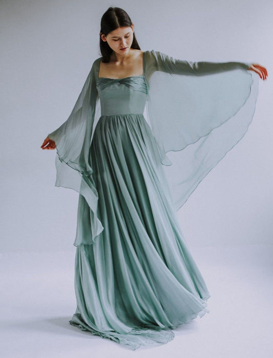 Muted Green A Line Long Sleeve Chiffon Prom Dress Party Dress SH4297