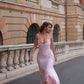 Gentle Light Pink Mermaid Spaghetti Strap Beaded Satin Prom Dress Wedding Guest Dress SH5323